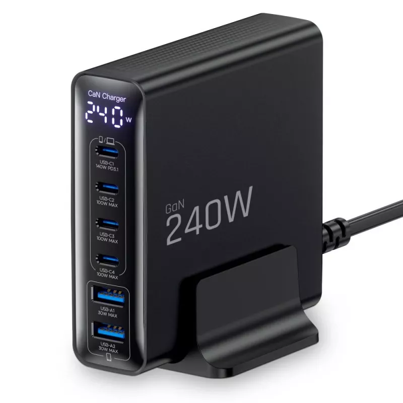 TECH-PROTECT DC240W-GAN 6-porttinen pöytälaturi PD 240W / QC3.0 musta