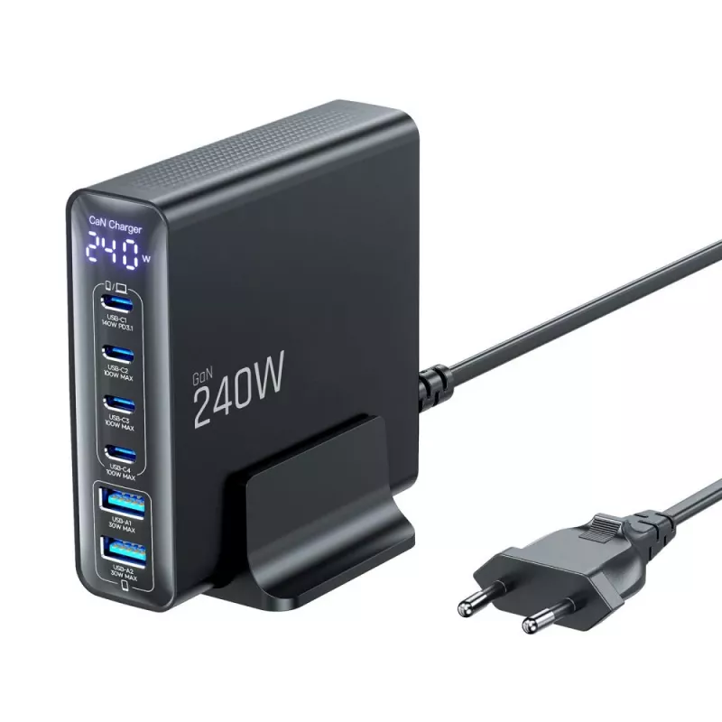 TECH-PROTECT DC240W-GAN 6-porttinen pöytälaturi PD 240W / QC3.0 musta