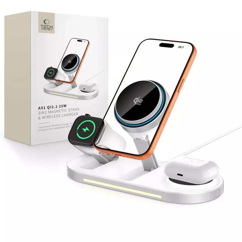 TECH-PROTECT A51 ARCTICBOOST 3-in-1 Magnetic MagSafe -langaton laturi 25W Qi2.2 valkoinen