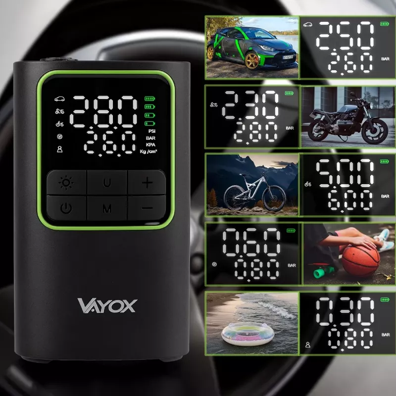 VAYOX VA0409 ladattava ilmapumppu 4000mAh sylinteri 19mm digitaalinen rengastäyttölaite