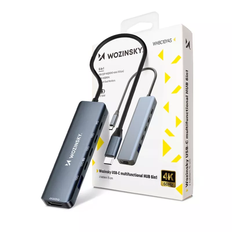 WOZINSKY WHBC10Y4S USB-C-keskitin 6-in-1 monitoimi alumiini 15 cm kaapelilla - harmaa