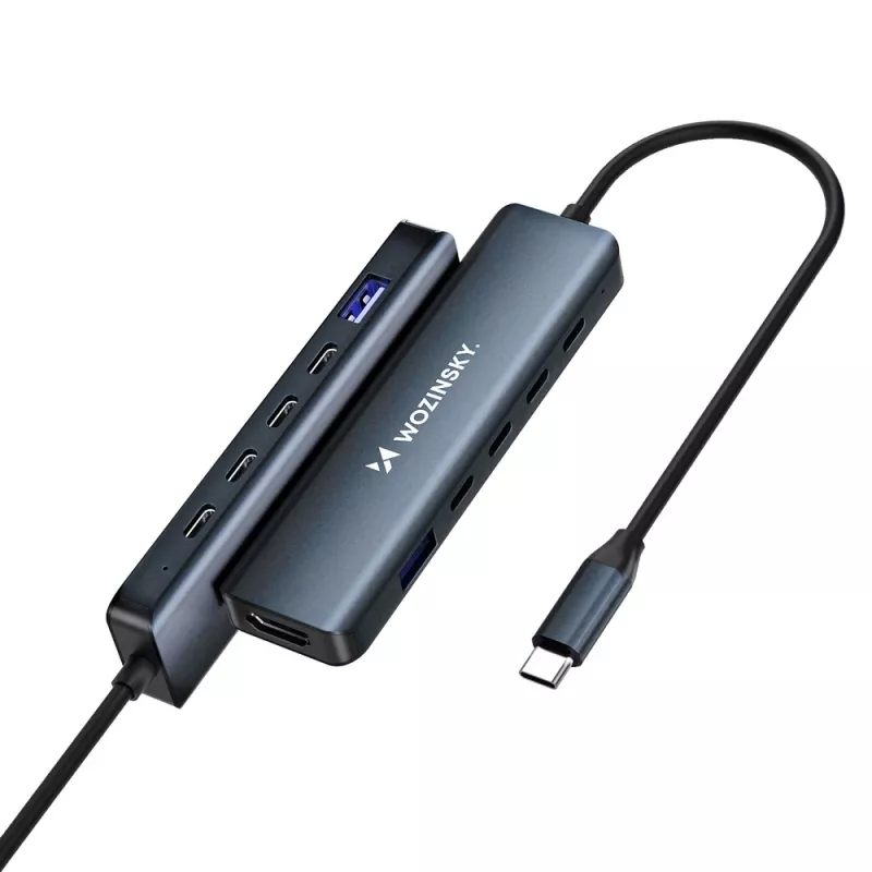 WOZINSKY WHBC10Y4S USB-C-keskitin 6-in-1 monitoimi alumiini 15 cm kaapelilla - harmaa
