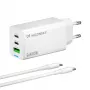 Wozinsky GaN 65W laturi USB-A- ja 2x USB-C-liitännöillä sekä USB-C-kaapeli 65W - valkoinen