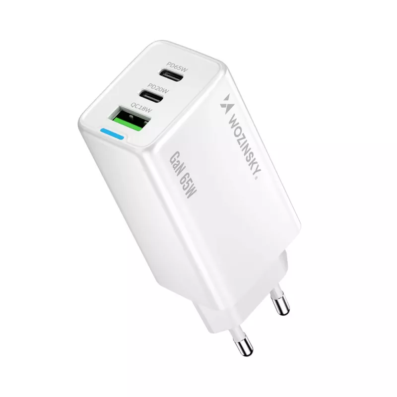 Wozinsky GaN 65W laturi USB-A- ja 2x USB-C-liitännöillä sekä USB-C-kaapeli 65W - valkoinen