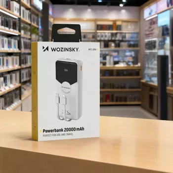 Powerbank Wozinsky WFC-15W 20000mAh 22.5W PD20W sisäänrakennetuilla Lightning- ja USB-C-kaapeleilla - valkoinen