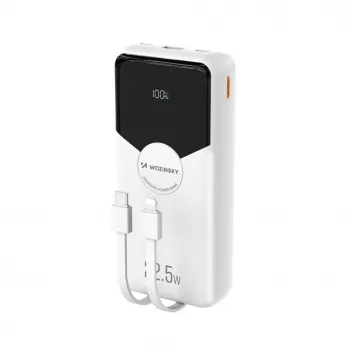 Powerbank Wozinsky WFC-15W 20000mAh 22.5W PD20W sisäänrakennetuilla Lightning- ja USB-C-kaapeleilla - valkoinen
