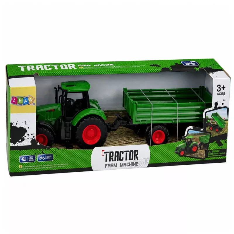 LEAN TOYS maataloustraktori kippiperävaunulla, kumipyörät, vihreä, 1:24