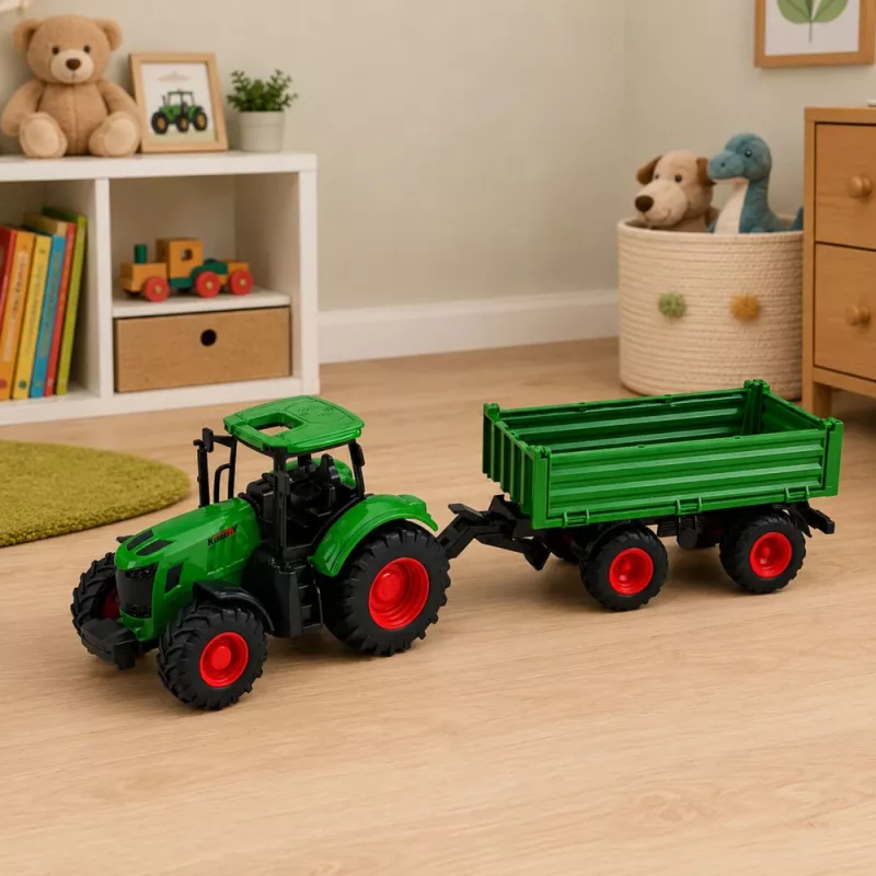 LEAN TOYS maataloustraktori kippiperävaunulla, kumipyörät, vihreä, 1:24