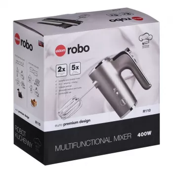 Eldom R110 Robo käsivatkain, 400 W, 5 nopeutta, turbotoiminto, vatkaus- ja sekoitusosat, hopea (R110 robo)
