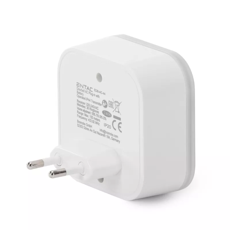 ENTAC langaton ovikello AC-pistokelähetin IP44 1x CR2032-paristolla