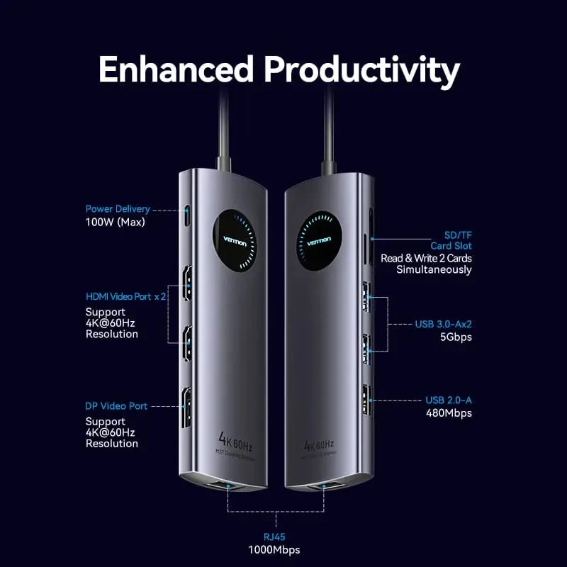VENTION USB-C 10-in-1 telakointiasema 8K 30Hz 100W PD LED-näytöllä