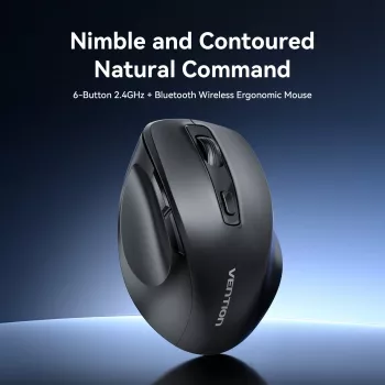 Vention KTMB0 kaksitilainen 2,4GHz + Bluetooth 5.1 langaton optinen hiiri, 6 painiketta, 800-2400 DPI, musta