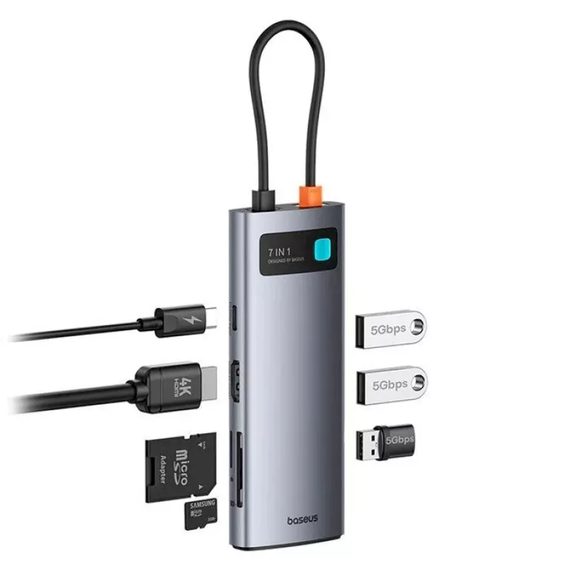 Baseus Metal Gleam 7-in-1 USB-C-keskitin HDMI 4K 60 Hz 3x USB 3.0 USB-C PD SD microSD harmaa
