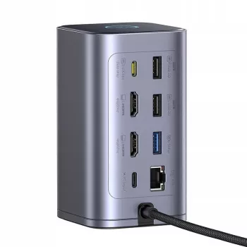 Baseus Air Spacemate 12-in-1 USB-C-keskitin, 2x HDMI 4K@60Hz, 2x USB-C 10 Gbps, 2x USB-A 5 Gbps, 2x USB-A 480 Mbps, RJ45, SD/microSD, USB-C PD, harmaa