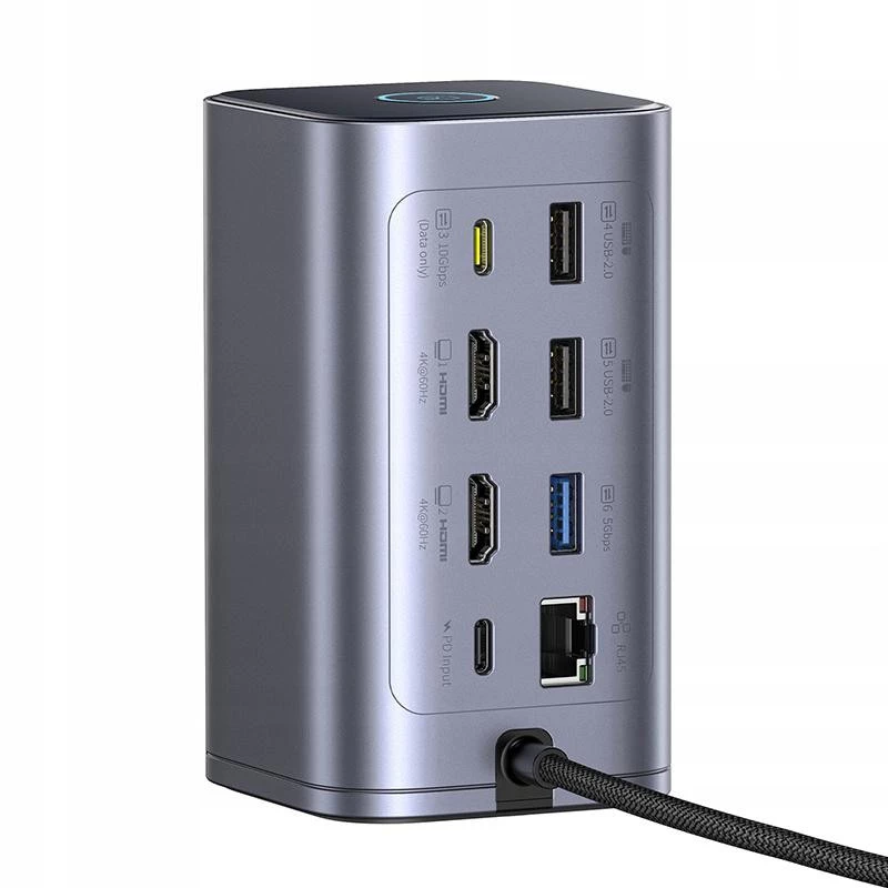 Baseus Air Spacemate 12-in-1 USB-C-keskitin, 2x HDMI 4K@60Hz, 2x USB-C 10 Gbps, 2x USB-A 5 Gbps, 2x USB-A 480 Mbps, RJ45, SD/microSD, USB-C PD, harmaa
