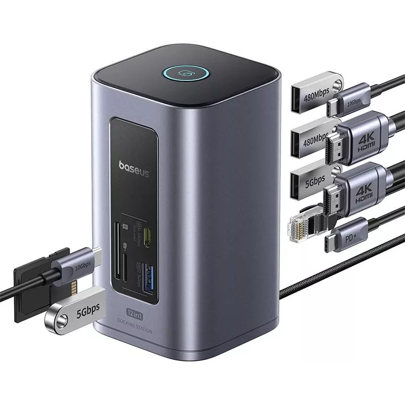 Baseus Air Spacemate 12-in-1 USB-C-keskitin, 2x HDMI 4K@60Hz, 2x USB-C 10 Gbps, 2x USB-A 5 Gbps, 2x USB-A 480 Mbps, RJ45, SD/microSD, USB-C PD, harmaa