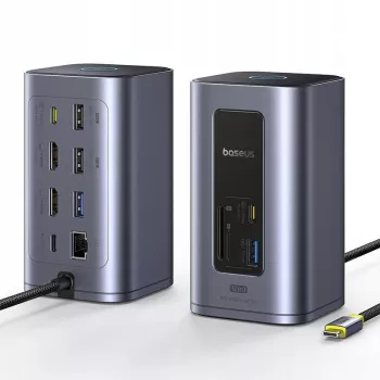Baseus Air Spacemate 12-in-1 USB-C-keskitin, 2x HDMI 4K@60Hz, 2x USB-C 10 Gbps, 2x USB-A 5 Gbps, 2x USB-A 480 Mbps, RJ45, SD/microSD, USB-C PD, harmaa