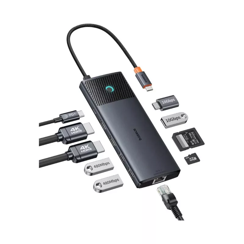 USB-C-keskitin Baseus Metal Gleam II 10-in-1 HDMI USB-A USB-C RJ45 SD/TF - Space Gray