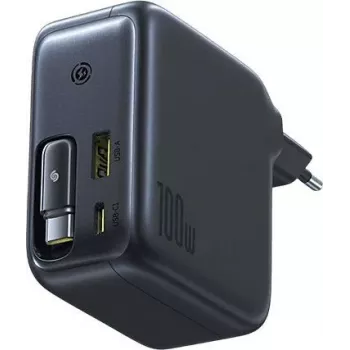 Baseus EnerCore CJ11 100W GaN-virtalähde sisäänvedettävällä USB-C-kaapelilla, 2 USB-C- ja 1 USB-A-liitäntä, musta