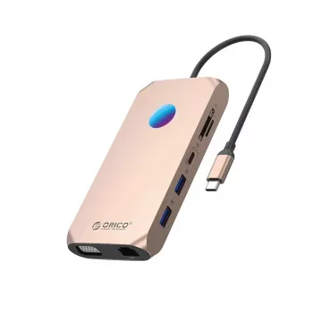 ORICO XCR 12-in-1 USB-C -telakointiasema RGB:llä, 2x USB-A 3.1, 1x USB-A 2.0, 1x USB-C PD 100W, 1x USB-C 3.1, 2x HDMI 2.0 4K 60Hz, 1x VGA 1080p, microSD/SD 3.0, RJ45 Gigabit Ethernet, 3.5mm Audio CTIA - rose gold