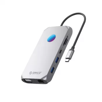 ORICO XCR 12-in-1 USB-C -telakointiasema RGB:llä, 3x USB-A 3.1, 1x USB-A 2.0, 1x USB-C PD 100W, 1x USB-C 3.1, 1x HDMI 1.4 4K 30Hz, 1x VGA 1080p, 1x microSD/SD 3.0, 1x RJ45 Gigabit Ethernet, 1x Audio CTIA 3.5mm - harmaa
