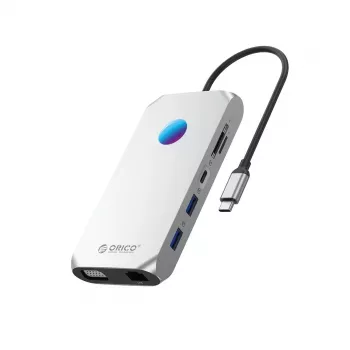 ORICO XCR 12-in-1 USB-C -telakointiasema RGB:llä, 3x USB-A 3.1, 1x USB-A 2.0, 1x USB-C PD 100W, 1x USB-C 3.1, 1x HDMI 1.4 4K 30Hz, 1x VGA 1080p, 1x microSD/SD 3.0, 1x RJ45 Gigabit Ethernet, 1x Audio CTIA 3.5mm - hopea