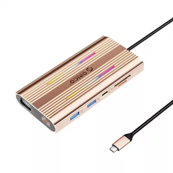 ORICO XDR 12-in-1 USB-C -telakointiasema RGB, 2x USB-A, 1x USB-C PD 100W, 2x HDMI 4K 60Hz, VGA, RJ45 Gigabit, SD & microSD -kortinlukija - rose gold