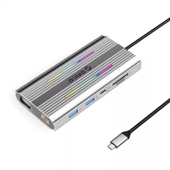 ORICO XCR 12-in-1 USB-C -telakointiasema RGB:llä, 3x USB-A, USB-C PD 100W, HDMI 4K, VGA, RJ45 Gigabit, SD/microSD-kortinlukija - hopea