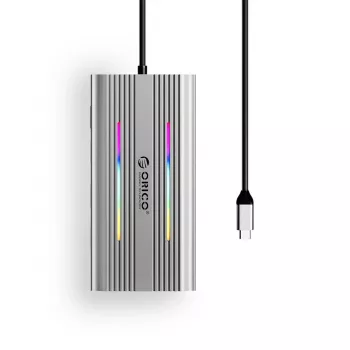ORICO XCR 12-in-1 USB-C -telakointiasema RGB:llä, 3x USB-A, USB-C PD 100W, HDMI 4K, VGA, RJ45 Gigabit, SD/microSD-kortinlukija - hopea