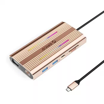 ORICO XDR 12-in-1 USB-C -telakointiasema RGB, 3x USB-A, USB-C PD 100W, HDMI 4K, VGA, RJ45 Gigabit, SD/microSD-kortinlukija - rose gold