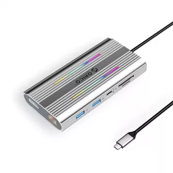 ORICO XDR 12-in-1 USB-C -telakointiasema RGB:llä, 2x HDMI 4K 60Hz, DisplayPort 4K 60Hz, RJ45 Gigabit, PD 100W, SD/microSD-kortinlukija - hopea