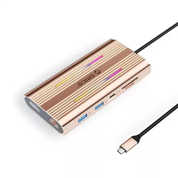 ORICO XDR 12-in-1 USB-C -telakointiasema RGB:llä, 2x HDMI 4K 60Hz, DisplayPort 4K 60Hz, Gigabit Ethernet, 100W PD, SD/microSD-kortinlukija - rose gold