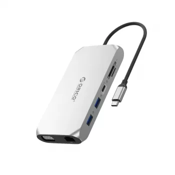 ORICO XCR 12-in-1 USB-C -telakointiasema, 3x USB-A 3.1, 1x USB-A 2.0, 1x USB-C PD 100W, 1x USB-C 3.1, 1x HDMI 1.4 4K 30Hz, 1x VGA 1080p, SD/microSD 3.0, RJ45 Gigabit, 3.5mm Audio, hopea