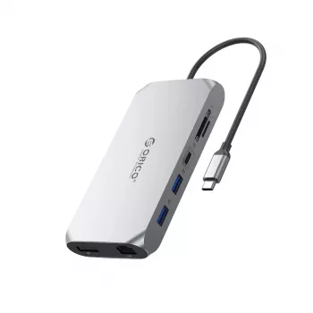 ORICO XCR 12-in-1 USB-C -telakointiasema, 2x USB-A 3.1, 1x USB-A 2.0, 1x USB-C PD 100W, 1x USB-C 3.1, 2x HDMI 2.0 4K 60Hz, 1x DisplayPort 1.4 4K 60Hz, 1x SD 3.0, 1x microSD 3.0, 1x RJ45 Gigabit Ethernet, 1x Audio CTIA 3.5mm - harmaa
