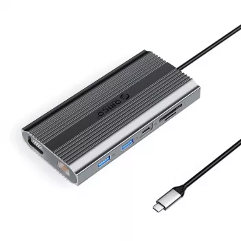ORICO XDR 12-in-1 USB-C -telakointiasema, USB-A, USB-C PD 100W, HDMI 4K, VGA, RJ45 Gigabit, SD- & MicroSD-kortinlukija - harmaa