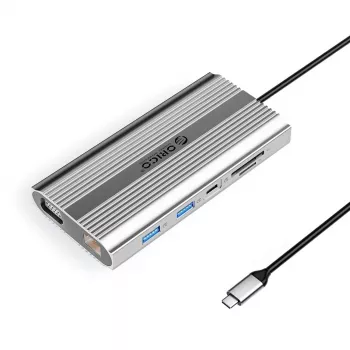 ORICO XDR 12-in-1 USB-C -telakointiasema, 4K HDMI, VGA, Gigabit Ethernet, 100W PD, SD/MicroSD-kortinlukija - hopea