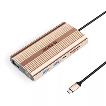 ORICO XDR 12-in-1 USB-C -telakointiasema, 100W PD, HDMI 4K, VGA, Gigabit Ethernet, SD/MicroSD-kortinlukija - rose gold