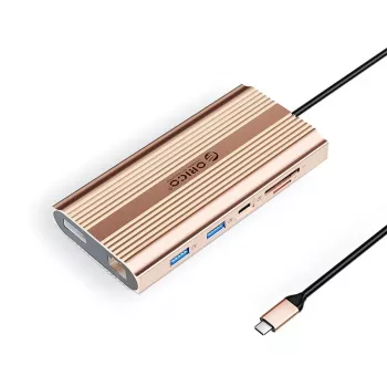 ORICO XDR 12-in-1 USB-C -telakointiasema, 2x HDMI 4K 60Hz, DisplayPort 4K 60Hz, Gigabit Ethernet, 100W PD, SD/MicroSD-kortinlukija - rose gold