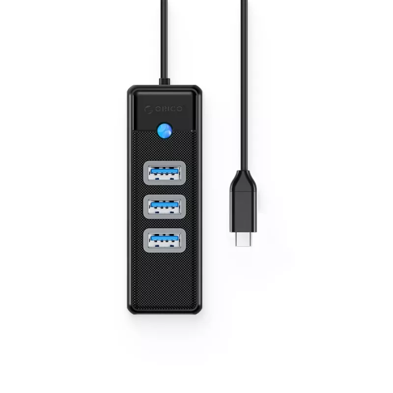 ORICO PW3UR25-C3 4-porttinen USB 3.0 -keskitin ja 2.5G Ethernet -sovitin, 0,5 m kaapeli, musta