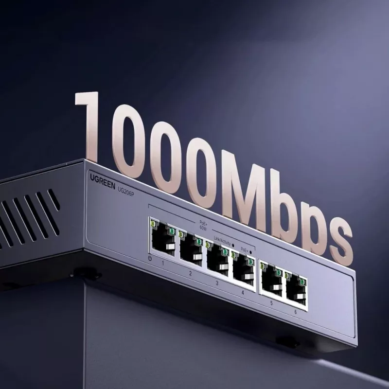 Ugreen 6-porttinen Gigabit Ethernet -kytkin ja PoE+ - harmaa