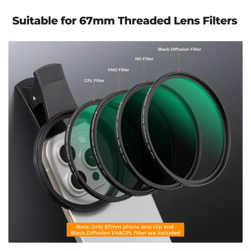 KF 2-in-1 Black Diffusion 1/4 + CPL puhelinsuodatinsarja 67mm Clip-On