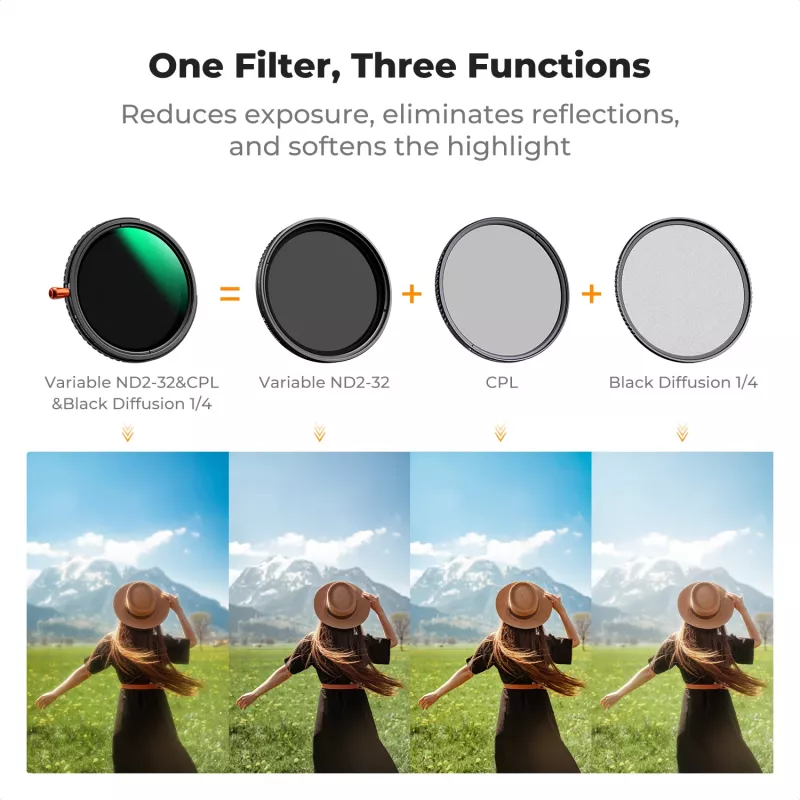 K&F Concept 67 mm 3-in-1-hybridisuodatin Fader ND2-32 + CPL + Black Diffusion 1/4
