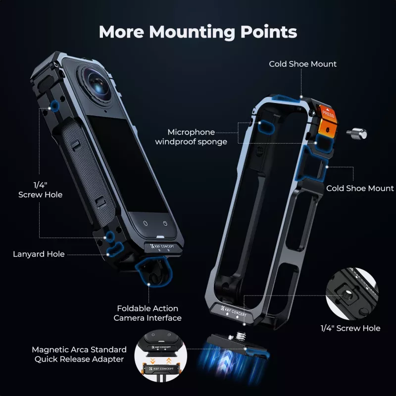 KF Protective Frame Mount Cage 2x 1/4 tuuman 20 kierrereijällä ja GoPro-pidikkeellä Insta360 X5:lle / Kf31.182