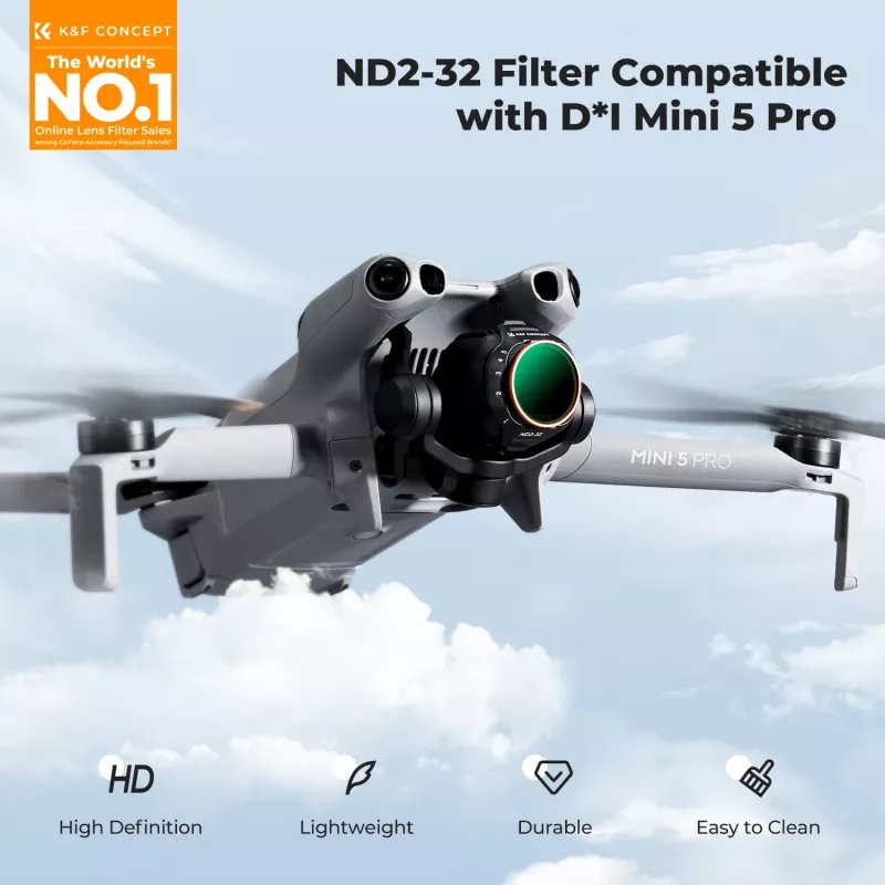 K&F Variable ND -suodatin ND2-ND32 DJI Mini 5 Pro -droonille, AGC-lasi