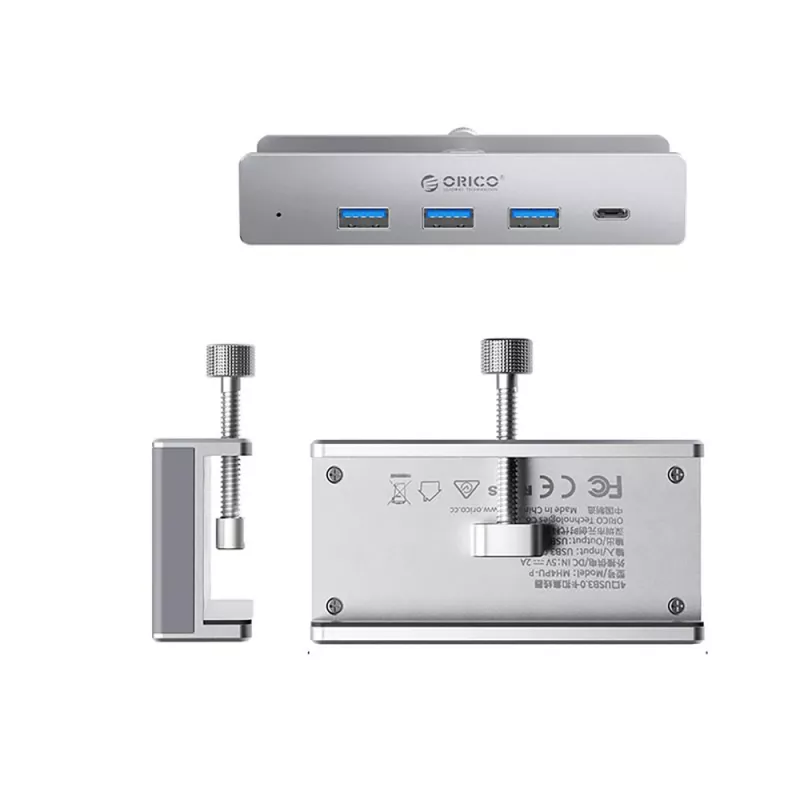 ORICO MH4PC USB-C-keskitin puristuskiinnitteinen, 3x USB-A 3.0 + 1x USB-C 3.0, hopea