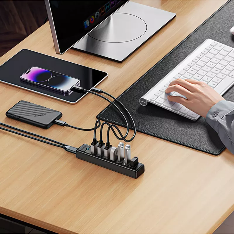 ORICO PW7U-U3 7 portin USB 3.0 -keskitin USB-C-virtalähdöllä, 1 m kaapeli, musta