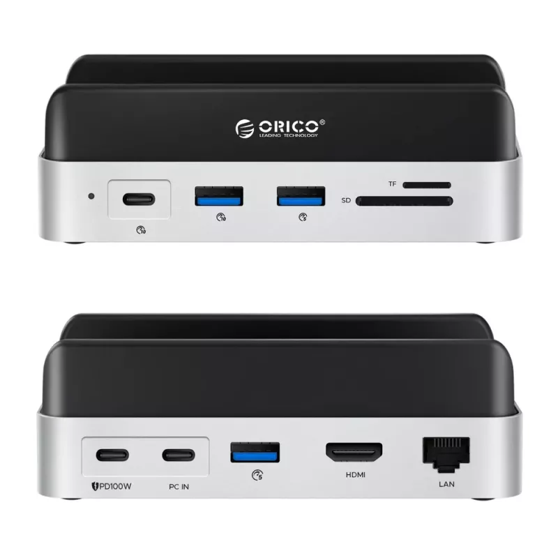ORICO MiniDock 10-in-1 USB-C-telakointiasema M.2 NVMe/SATA SSD -kotelolla - hopea