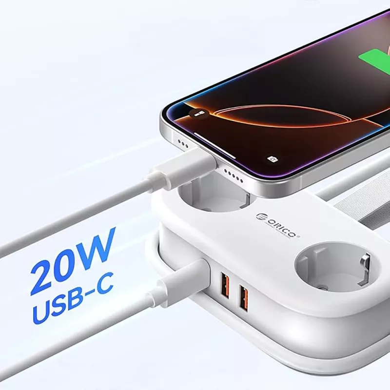 ORICO AP3 20W GaN virtalista 5-in-1 2x AC + 2x USB-A + 1x USB-C - valkoinen