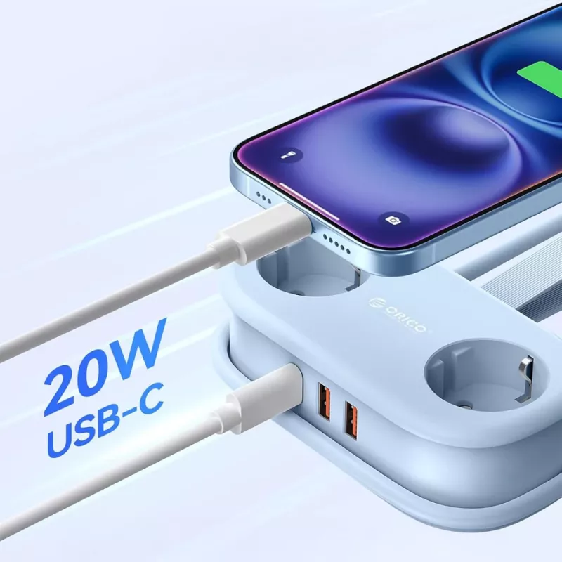 ORICO AP3 20W GaN virtalista 5-in-1, 2x AC + 2x USB-A + 1x USB-C, sininen