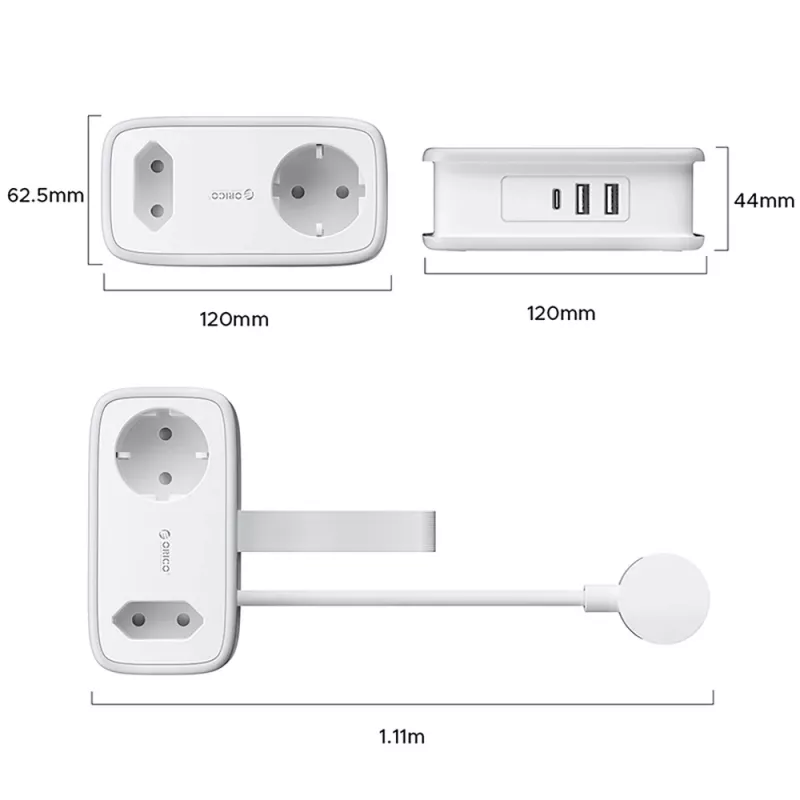 ORICO APP 15.5W 5-in-1 virtalista 2x AC, 2x USB-A, 1x USB-C - valkoinen
